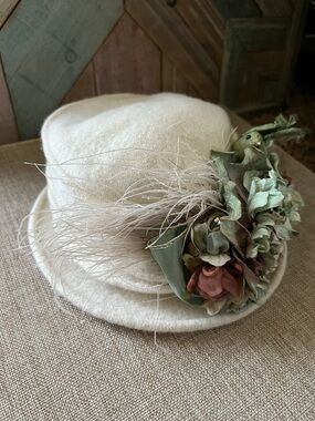 Cream Felt Cloche Hat with Floral Trim